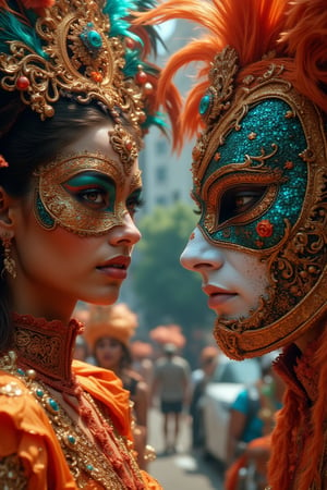 masterpiece, 8k, HDR, 3D, best quality, photograph, analog style, real life, extremely beautiful, (highly detailed, intricately detailed), (highly detailed skin), (alluring eyes), An image from the Rio Carnival, a girl and a boy in carnival costumes, wearing masks embroidered with sequins, facing each other, they looked at the spectator
