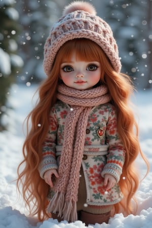 masterpiece, 8k, HDR, 3D, best quality, photography, analog style, real life, extremely beautiful, (highly detailed, intricately detailed), (very detailed skin), (alluring eyes), a full body image of a snow doll with hat and scarf in the corner, (1woman), small waist, (long straight autumn red hair), brown eyes, little smile, jewelry