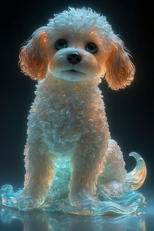 masterpiece, 8k, HDR, best quality, photography, analog style, real life, extremely beautiful, (highly detailed, intricately detailed), A vibrant glass statue of a seal, expertly crafted in lifelike detail. Translucent glass captures the playful elegance of a toy poodle, with its smooth, streamlined body shimmering in shades of deep ocean whites and browns, whites, and hints of brown. Intricate etchings along the surface depict the fine textures of the poodle's coat, while the glass itself has a slight iridescent quality, reflecting light in shimmering hues. The poodle's eyes are made of turquoise glass, adding beauty and a sense of curiosity. Its paws and whiskers are carefully detailed, and the statue sits on a base that mimics gentle waves, also made of swirling multi-colored glass. The statue is lit from below, casting dazzling reflections that dance across the surface, giving the sign a lifelike, almost magical presence, as if it were ready to come to life at any moment.