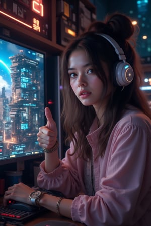 masterpiece, 8k, HDR, 3D, best quality, photograph, analog style, real life, extremely beautiful, (highly detailed, intricately detailed), (highly detailed skin), (alluring eyes),
 an image of a girl sitting in front of a PC giving a thumbs up to the images