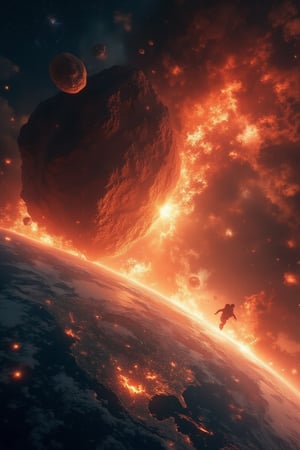 masterpiece, 8k, HDR, 3 D, best quality, photography, analog style, real life, extremely beautiful, (highly detailed, intricately detailed), An illustration showing a large space rock heading towards the earth's surface stock photo, a close up view of a comet crashing over the earth, the space rock is about to land on earth and burn it up, the world is about to experience an earthquake, a volcanic eruption and a huge impact, says the pastor