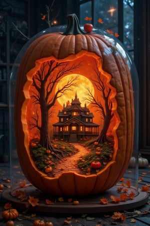 masterpiece, 8k, HDR, 3D, best quality, photography, analog style, real life, extremely beautiful, (highly detailed, intricately detailed), (very detailed skin), (alluring eyes), an image of a painting of a pumpkin inside the pumpkin there is a haunted house, dry trees, night, full moon, spider webs, in view under a glass dome, no humans, landscape, food, tree, pumpkin, fruit, apple a display of a pumpkin that could be for a decoration for Halloween