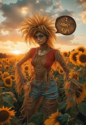 masterpiece, 8k, HDR, 3 D, best quality, photography, analog style, real life, extremely beautiful, (highly detailed, intricately detailed), an image of a female scarecrow, stitched face, closed eye, inverted u mouth, yellow broom hair, patches on clothes, jean shorts red shirt in a field of sunflowers, A large speech bubble reads: "I WANT TO RUN!", sunrise sun