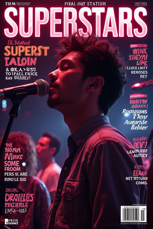 Masterpiece, 8k, HDR, best quality, photography, analog style, real life, extremely beautiful, (highly detailed, intricately detailed), ray tracing, (dramatic lighting), a person on the cover of a magazine  with the name SUPERSTARS on it, sings into a microphone and looks in the direction of the camera, magazine cover, real cover, cover, microphone, english text, 1boy, male focus