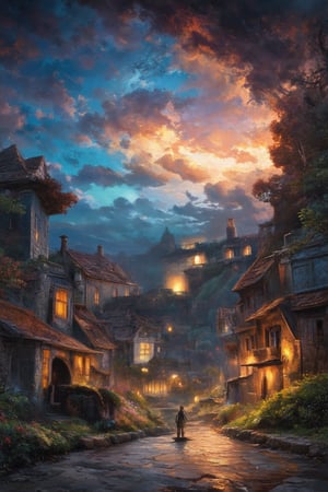 (masterpiece:1.4), best quality, mystical portal opening to another dimension with swirling colors dream scenery art, landscape, houses in a  city sky sky full of stars that are lit up, dreamlike digital painting, colourful painting, beautiful digital art