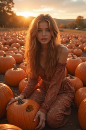 masterpiece, 8k, HDR, 3D, best quality, photograph, analog style, real life, extremely beautiful, (highly detailed, intricately detailed), (highly detailed skin), (alluring eyes), an image of a female kneeling down collecting pumpkins from the ground, field, sunrise