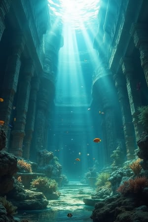 Masterpiece, 8k, HDR, best quality, photography, analog style, real life, extremely beautiful, (highly detailed, intricately detailed), ray tracing, (dramatic lighting), underwater scene, ancient ruins of the city of Atlantis, rays of the gods Triton and Neptune, diagonals, coral structures, stone buildings, colorful fish, ruins of Atlantis, sea creatures in underwater gardens, soft glow, filtered surface light, Atlantis, concentric islands, otherworldly metropolis, pillars , lush vegetation enveloping ancient ruins, leaf sheep, sea slug