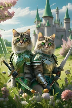 masterpiece, 8k, HDR, best quality, (highly detailed skin), photography, analog style, real life, extremely beautiful, (highly detailed, intricately detailed), (alluring eyes), there is a drawing of two cats with swords in armor with grass and wild flowers behind them i the background, weapon, armor, outdoors, sword, day, holding weapon, holding, green eyes, furry, holding sword, flower, sky, animal, castle