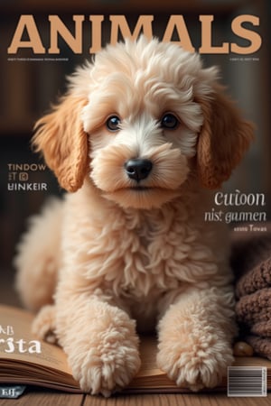 Masterpiece, 8k, HDR, best quality, photography, analogue style, real life, extremely beautiful, (highly detailed, intricately detailed), ray tracing, (dramatic lighting), a poodle puppy on the cover of a magazine with name ANIMALS, a poodle puppy, magazine cover, real cover, cover, a poodle puppy, english text, a poodle puppy, focus of a poodle puppy