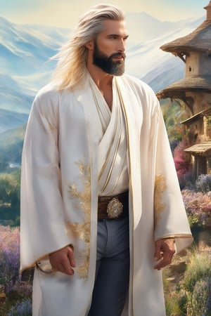 (masterpiece: 1.4), best quality, watercolor, ink, oil and pencil, oil painting, blush, exotic,smirk, fashion, model, (1man), (short beard), wizard, white wizard shirt with golden trim, white robes moving in the wind, long white hair, fine art photography, iconic, dynamic angle, dynamic pose, macro, photograph, shot from behind of a midweight (fashion icon:1.3)  Snowy alpine village and Herb garden background, Frightening, Destructive Art, Starlight, striking, romantic, extremely stylish,