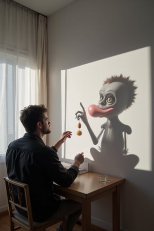 masterpiece, 8k, HDR, 3D, best quality, photography, analog style, real life, extremely beautiful, (highly detailed, intricately detailed), (very detailed skin), (alluring eyes), a picture of a man sitting at a table making shadow puppets on the white wall