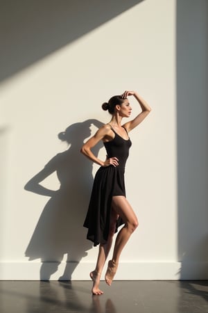 masterpiece, 8k, HDR, 3D, best quality, photography, analog style, real life, extremely beautiful, (highly detailed, intricately detailed), (very detailed skin), (alluring eyes), the image of an elegant woman dancer classical dance in front of a white wall, her illuminated silhouette casts a shadow on the wall in front of her.