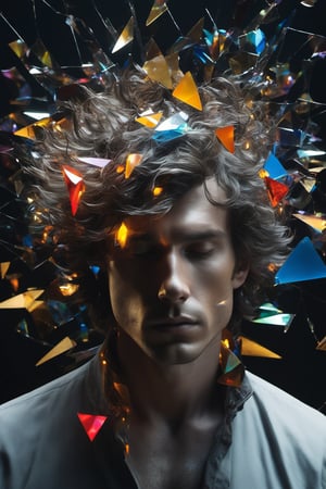 masterpiece:1.4), best quality, contrasting color, man with a bunch of hands coming out of his face by joseph fauveau, greyscale, monochrome, (windy, mysterious, fairy lights, glossy hair, earthy), (composed of broken mirror shards, each shard reflecting colorful objects around it)