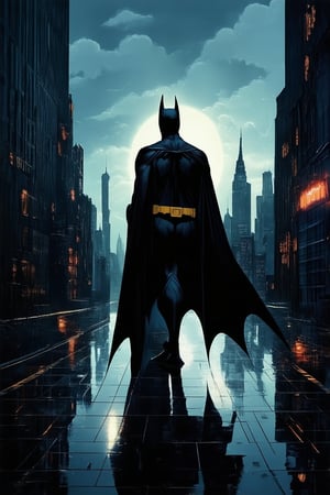 A dark and gritty metropolis at dusk, with neon lights reflecting off the wet pavement. A lone figure of Batman, dressed in his iconic black suit and cape, stands atop a Gotham City skyscraper, gazing out over the city he protects. The Bat-signal shines bright on the clouds as night begins to fall.