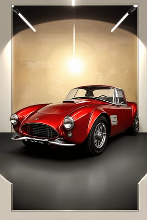 A nostalgic depiction of a bygone era! A majestic Legend sports car from the 1960s, painted in gleaming metallic red, takes center stage against a warm, sun-kissed background. Framed by a vintage-style automobile showroom, the sleek vehicle's curves and fins are highlighted by dramatic spotlights, casting a heroic pose amidst the nostalgic atmosphere.