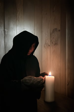 A dimly lit room with shadows playing on worn wooden walls. A single flickering candle casts an eerie glow, illuminating a figure shrouded in mystery. The subject's face is obscured by a hoodie, while their hands clutch a mysterious object, as if hiding secrets within the enveloping darkness.