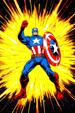 A vibrant, action-packed scene! A bright yellow background radiates with an intense, electric glow, as Marvel's iconic characters burst forth in a kaleidoscope of colors. Captain America stands tall, shield held high, against a backdrop of swirling lights and dynamic motion lines. The composition is bold, the framing tight, drawing the viewer into the heart of the action-packed world.