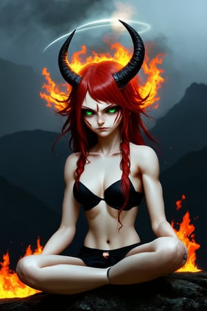 A demonic girl with fiery red hair, piercing green eyes, and sharp horns on her forehead, sits atop a dark, rocky outcropping, her legs crossed as if meditating. A halo of hellfire illuminates her face, casting an eerie glow on the surrounding landscape. The air is thick with smoke and brimstone.