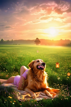 A warm sunset glows over a lush green meadow, vibrant wildflowers swaying gently in the breeze as a carefree young woman lies on a blanket, laughing and playing with a golden retriever. Softly glowing lanterns dot the surrounding landscape, casting a whimsical ambiance.