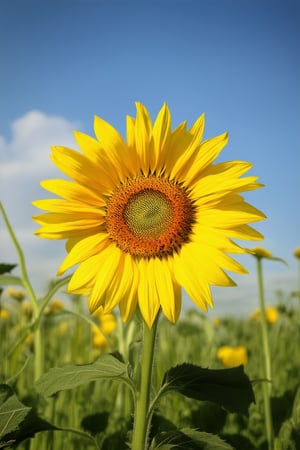 A vibrant yellow hue dominates the frame as a bright sunflower stands tall in a lush green meadow, its petals radiating warmth and optimism. Softly lit by a gentle morning glow, the scene is set against a subtle blue sky with only a few wispy clouds. The flower's center is slightly turned towards the camera, inviting inspection of its intricate details.