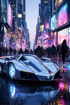 A futuristic cityscape at dusk, with a holo advertisement hovering above the bustling streets of Holo Dyss. Neon lights reflect off wet pavement as a sleek, silver hovercar whizzes by, its LED headlights casting a gleaming trail. In the foreground, a group of humans and holographic beings mingle, their augmented reality contact lenses flashing with vibrant colors.