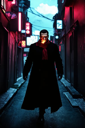 A dark hero emerges from a city's neon-lit alleyway at dusk, his piercing eyes glowing like embers in the shadows. He wears a long, black duster coat with a crimson scarf wrapped around his neck, billowing behind him as he strides into the gloomy atmosphere. The camera captures a low-angle shot, emphasizing his powerful presence amidst the urban decay.