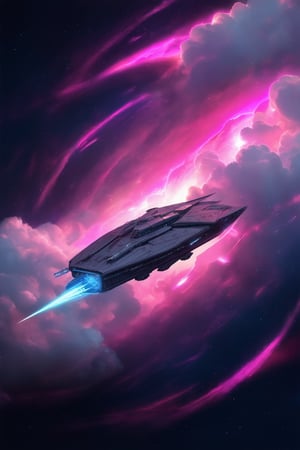 A futuristic spaceship floats in a pink-tinted, neon-lit galaxy, with swirling clouds of magenta and rose hues dancing across the dark blue background. The ship's sleek, metallic surface reflects the vibrant colors, while its thrusters emit a soft pink glow.