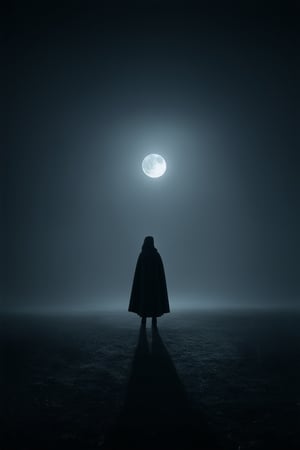 A mysterious dark landscape at dusk, with a hint of moonlight casting an eerie glow on the ground. A lone figure stands in the shadows, their beauty illuminated by the faint light, as they gaze out into the void, their features shrouded in secrecy. The darkness wraps around them like a velvet cloak, hiding all except for their radiant smile.