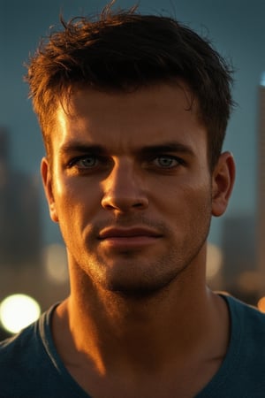 A close-up shot of Jero's rugged face, with a hint of stubble and a determined gaze. His piercing blue eyes seem to bore into the camera, as he squints slightly in concentration. The soft lighting casts a warm glow on his skin, accentuating the defined features. He's posed against a blurred cityscape background, with a faint sense of grit and resilience emanating from him.