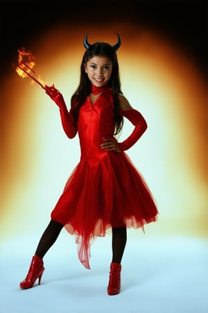 A stunning portrait of a girl dressed in a striking red costume, resembling a devilish figure. She's posed against a dark, ominous background with subtle orange and yellow hues. The lighting is dim, with only a hint of fiery glow around her face, accentuating her mischievous grin. Her eyes gleam with a playful intensity as she looks directly at the camera, one hand resting on her hip and the other holding a small pitchfork.