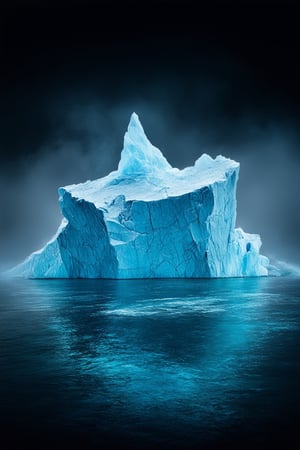 A majestic iceberg rises from the misty veil of a mystical realm, its crystalline structure refracting shimmering moonlight into a kaleidoscope of blues and whites. The frozen giant's rugged edges glisten with frost, as if kissed by the ethereal whispers of ancient sorceresses. Framed against a velvety black sky, the iceberg's tranquil surface is dotted with wispy tendrils of sea spray, like delicate brushstrokes on a celestial canvas.