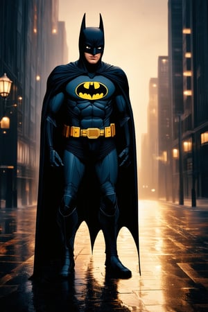 A gritty urban landscape dominates the frame as Batman stands tall in the shadows, his iconic cowl illuminated by a lone streetlamp's warm glow. The Dark Knight's pose exudes confidence and strength, his cape flowing behind him like a dark mist. City lights reflect off the wet pavement, casting a faint sheen on the hero's armor.