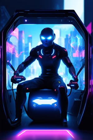 A futuristic gamer character sitting in a sleek, neon-lit gaming pod, surrounded by holographic screens and wires. The character's eyes glow bright blue as they intensely focus on their console, fingers flying across the controller with lightning speed. A dynamic cityscape blurs outside the pod's transparent walls, reflecting the vibrant colors of the gamer's cyberpunk-inspired attire.