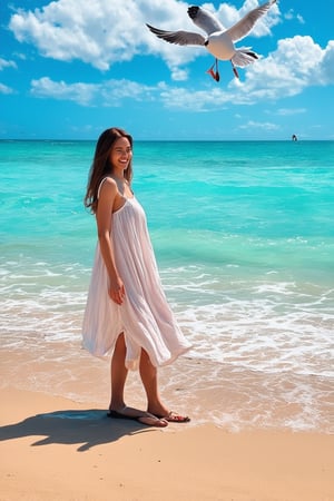 A warm sun-kissed day in July. A young woman, dressed in a flowy sundress and sandals, stands barefoot on the sandy beach, toes curled over the shoreline. Soft waves gently lap at her ankles as she gazes out at the turquoise ocean, a smile spreading across her sun-weathered face. Seagulls soar overhead, their cries carried away by the gentle breeze.