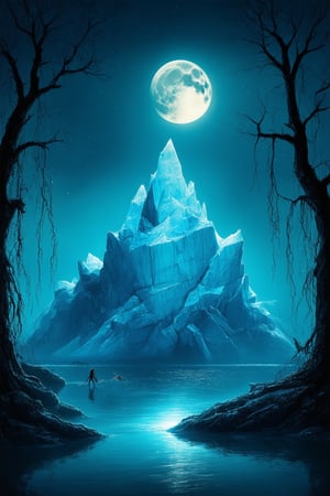 A majestic iceberg rises from the mystical, misty lake's surface, its crystalline spires glistening under the soft, ethereal glow of luminescent moonlight. The surrounding landscape is shrouded in a veil of mystery, with ancient trees and twisted vines clinging to the rocky shores. A lone, glowing dragonfly flits about the iceberg's peak, adding an air of enchantment to this surreal, dreamlike scene.