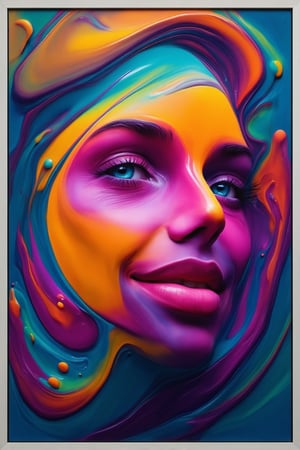 A vibrant 3D rendering of a person's face, with bold colors and geometric shapes. The subject's features are rendered in a whimsical, stylized manner, with bright pink cheeks and blue eyes that seem to pop out from the canvas. A splash of yellow highlights their smile, which curves upwards in a cheerful expression. Framed by a halo of swirling purple and green hues, the face is set against a soft gradient background that transitions from pale blue to fiery orange.