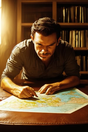 A close-up shot of Jero's determined face, eyes squinting in concentration as he scrutinizes a map on a worn leather desk. Warm golden lighting casts a sense of nostalgia and adventure. Framed by the rustic wooden bookshelves, his rugged features seem to tell stories of distant lands.