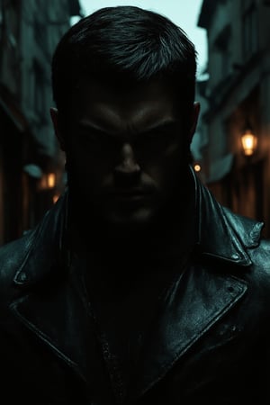 A close-up shot of a brooding figure, shrouded in darkness. The 'dark hero' stands tall, with piercing eyes gleaming like lanterns in a dimly lit alleyway. A hint of stubble adorns his chiseled jawline, and a worn leather jacket clings to his broad shoulders. Flickering shadows dance across the gritty urban landscape, casting an ominous tone as our hero's intense gaze seems to pierce through the very fabric of night.