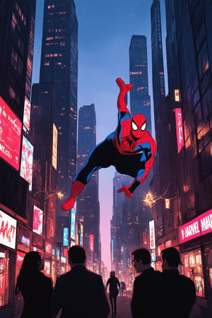 A vibrant, neon-lit cityscape at dusk: towering skyscrapers and bustling streets of Marvel's iconic metropolis. The air is electric with superhero activity as Spider-Man swings from building to building, his red and blue suit glowing in the fading light. In the foreground, a group of excited civilians gaze up in awe, their faces illuminated by the city's bright lights.