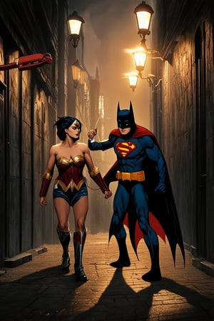 A darkened alleyway, lit only by flickering streetlights, sets the stage for a dramatic showdown between DC's iconic characters. The Justice League, led by Superman and Wonder Woman, stand tall against the villainous forces of Darkseid and his Omega Effect troops. Dynamic action unfolds as Batman uses his grappling hook to swing into battle.