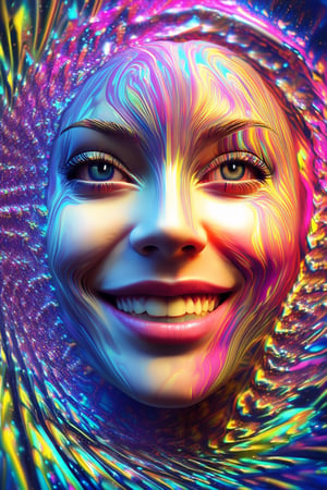 A vibrant 3D rendering of a youthful face with mesmerizing colors. The shot is framed to emphasize the subject's bright smile and sparkling eyes, set against a kaleidoscope background featuring swirling patterns of pink, blue, yellow, and green. Soft, golden lighting accentuates the facial features, while the overall composition creates a sense of whimsy and joy.