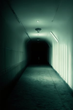 A dimly lit, isolated corridor stretches into the darkness, with faint luminescent lines guiding the way. Shadows cast by flickering fluorescent lights dance across the walls, while a lone figure stands frozen at the far end, lost in thought amidst the eerie silence.