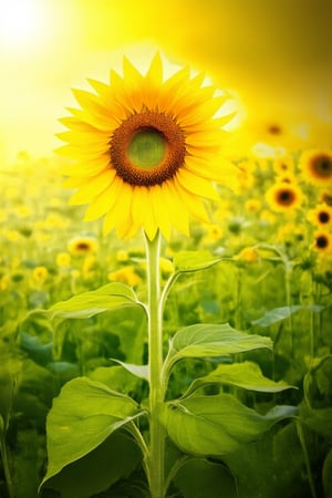 A vibrant yellow hue fills the frame as a bright sunflower stands tall in a lush green meadow, its petals radiating warmth and optimism. Softly filtered sunlight casts a gentle glow on the surrounding flora, with a subtle gradient of colors blending seamlessly from the yellow to the emerald green.