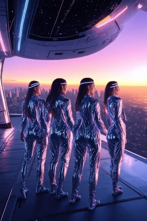 A futuristic spacecraft hovers above a gleaming cityscape at sunset. Five space girls, clad in shimmering silver jumpsuits and adorned with glowing neon headbands, pose against the ship's metallic hull. Their long hair flows like stardust as they gaze up at the sky, where a swirling vortex of purple and blue lights up their adventure.