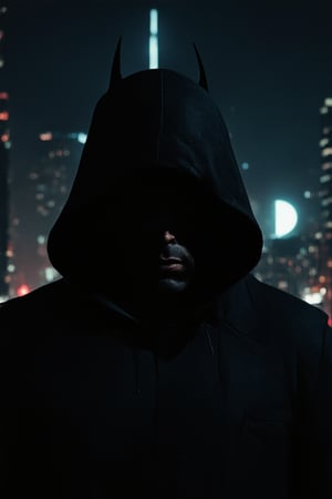 A dark figure emerges from the shadows, a brooding vigilante shrouded in mystery. Silhouetted against a moonlit cityscape, his imposing form is framed by towering skyscrapers and neon lights. His face, obscured by a hood, seems to absorb all light, leaving only an aura of menace. A lone figure stands tall, ready to face the darkness head-on.