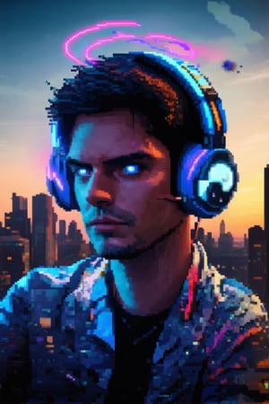 A futuristic gamer sits amidst a swirl of colorful pixels, their eyes fixed intently on the holographic display in front of them. Neon lights reflect off their sleek gaming headset, casting a mesmerizing glow across their determined face. A cityscape at sunset serves as the backdrop, with towering skyscrapers and bustling streets blurred into a vibrant haze.