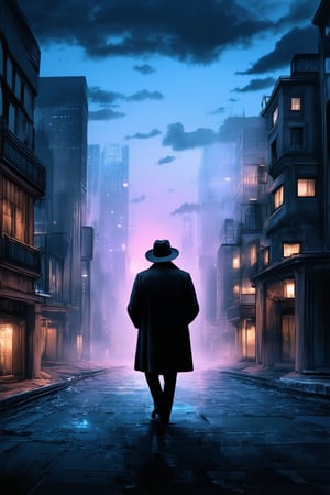 A surreal cityscape at dusk, with buildings dissolving into misty whisps of clouds, as a lone figure in a fedora and trenchcoat walks away from the viewer, into the fading light. The sky is painted with hues of sapphire and amethyst, while the ground below is shrouded in darkness, as if swallowed by an unseen dream.