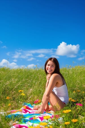 A warm and inviting scene captures the essence of summer. A bright blue sky with only a few wispy clouds serves as the backdrop to a lush green meadow. In the foreground, a young woman with sun-kissed hair and a radiant smile sits on a colorful beach towel, surrounded by vibrant wildflowers. She gazes out at the camera with a carefree expression, her toes wiggling in the soft grass.