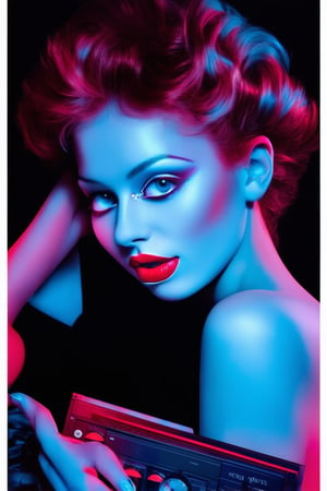 A neon-lit 80s inspired beauty, framed against a glossy black background, with bold red lips and layered, wind-swept hair. Soft focus highlights her porcelain skin, as she strikes a sultry pose, one hand resting on a vintage cassette player. Neon pink and blue hues dance across her makeup, evoking the era's iconic glamour.