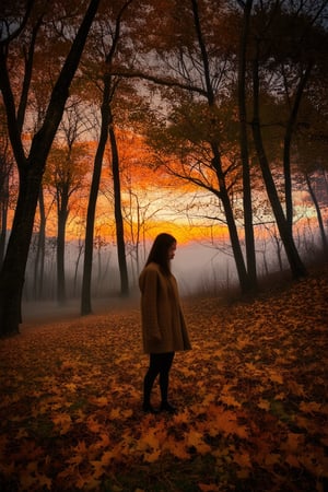 A warm golden light casts a cozy glow on a forest glade, where amber leaves crunch beneath the feet of a lone figure dressed in earthy tones, standing amidst a tapestry of rustling deciduous trees against a backdrop of misty blue skies and a fiery orange sunset.